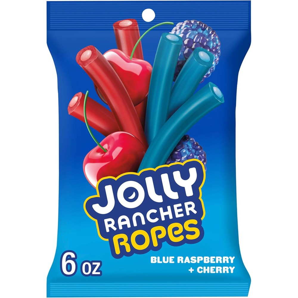 Jolly Rancher Ropes Blue Raspberry and Cherry candy bag front view showcasing imported American packaging.