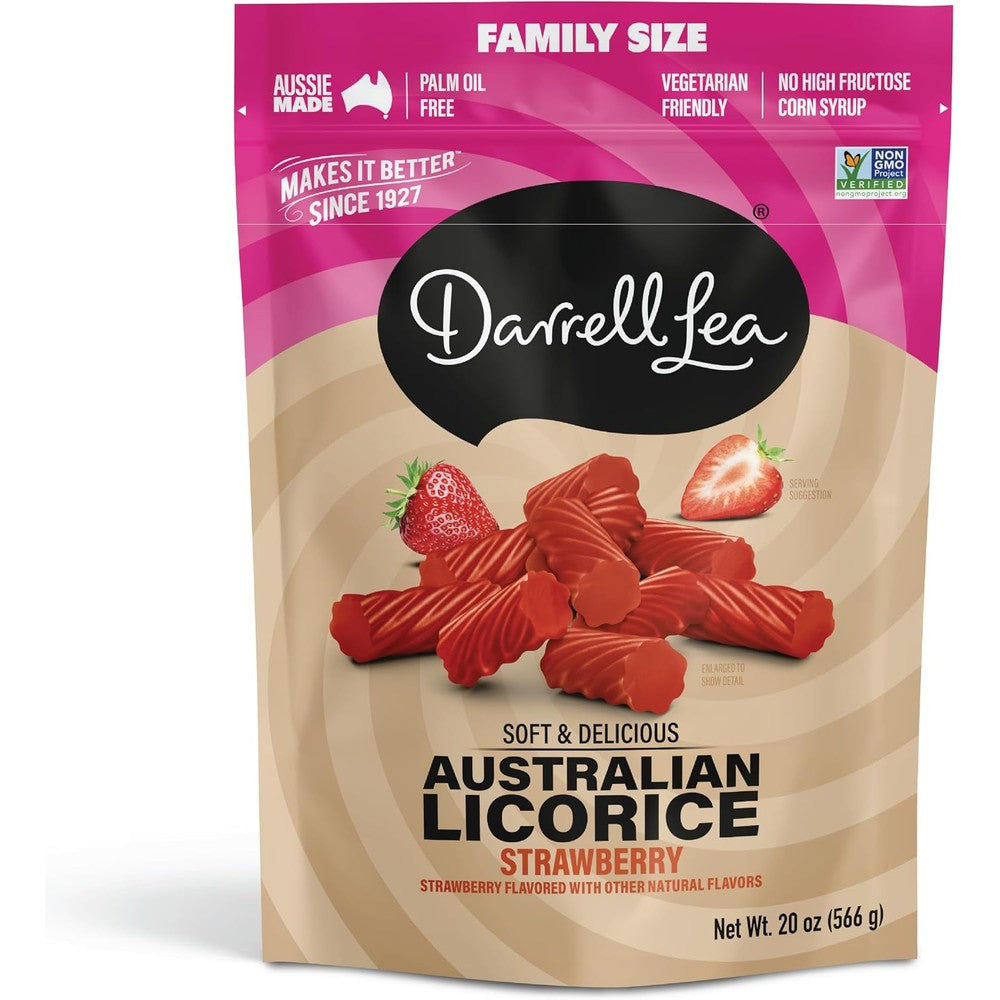 Darrell Lea Family Size Soft Australian Licorice Strawberry front packaging view