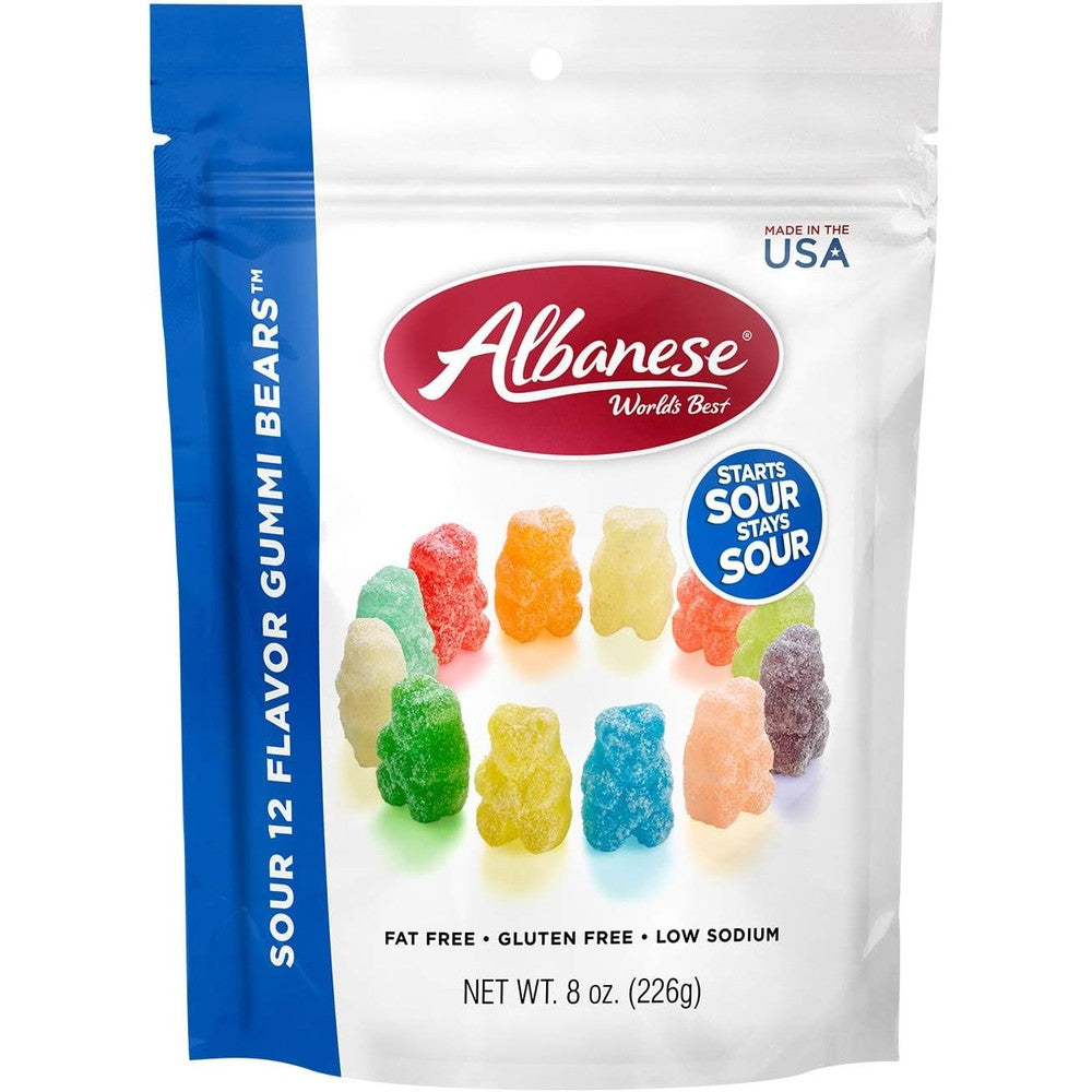 Albanese World's Best Sour 12 Flavor Gummi Bears Soft And Chewy Gummy Candy Gluten Free Fat Free Eight Ounce Bag