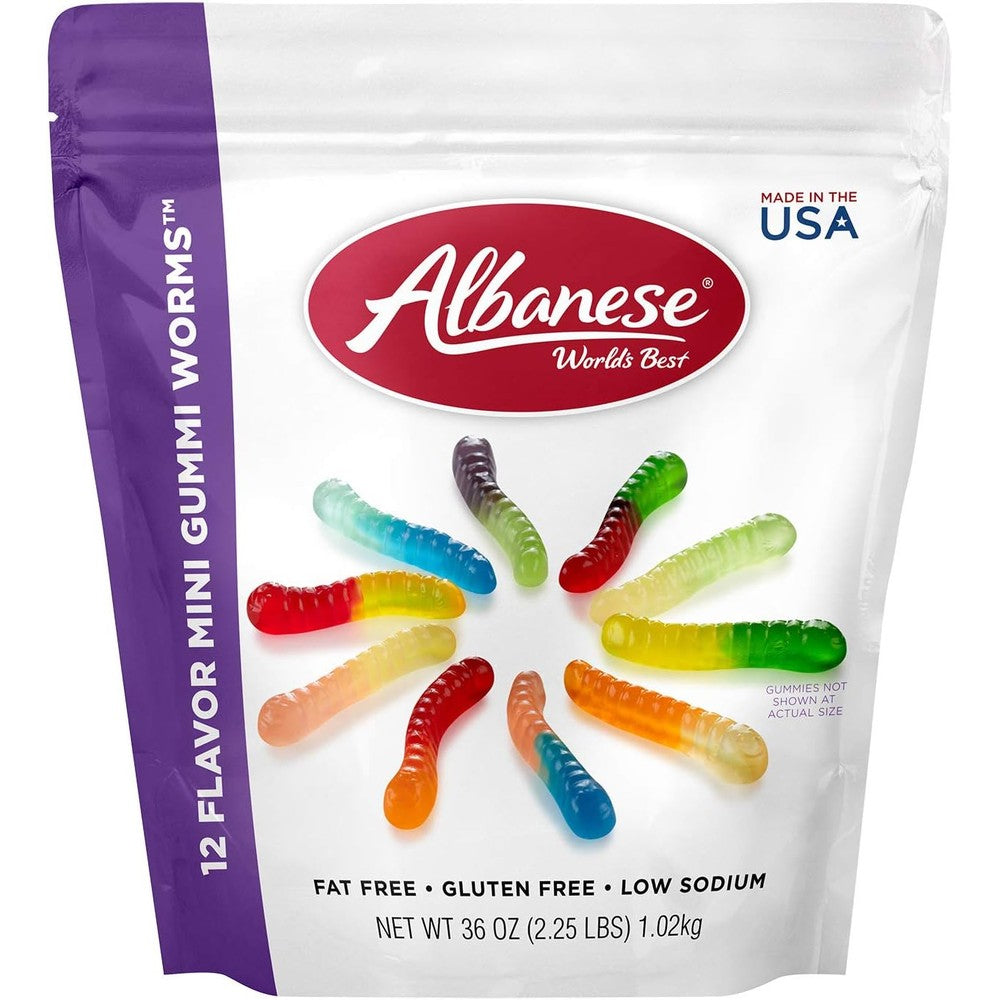 Albanese World's Best 12 Flavor Mini Gummi Worms Soft And Chewy Candy Snacks 36 Ounce Bag