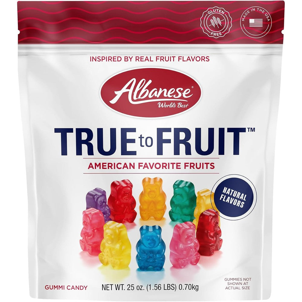 Albanese True to Fruit American Favorite Fruits Gummies 25 Ounce front package view showing ten natural flavors.
