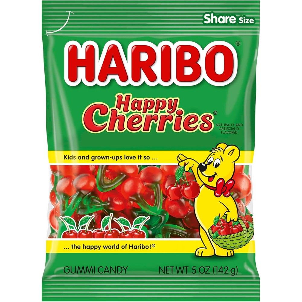 Haribo Twin Cherries Gummy Candy Sweet and Tart Fruit Flavored Chewy Gluten Free Treats Authentic Imported USA Share Size Bag Five Ounces