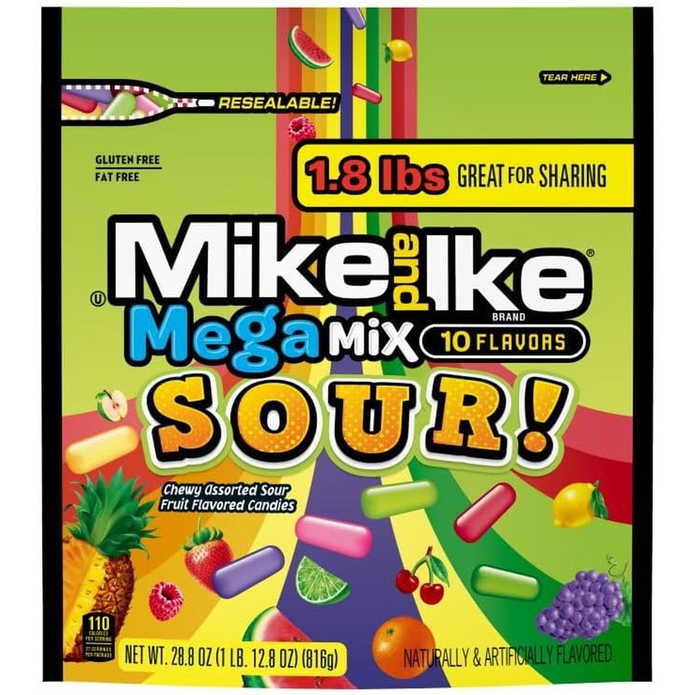 Mike and Ike Mega Mix Sour 28.8 Ounce front view package showing ten flavors