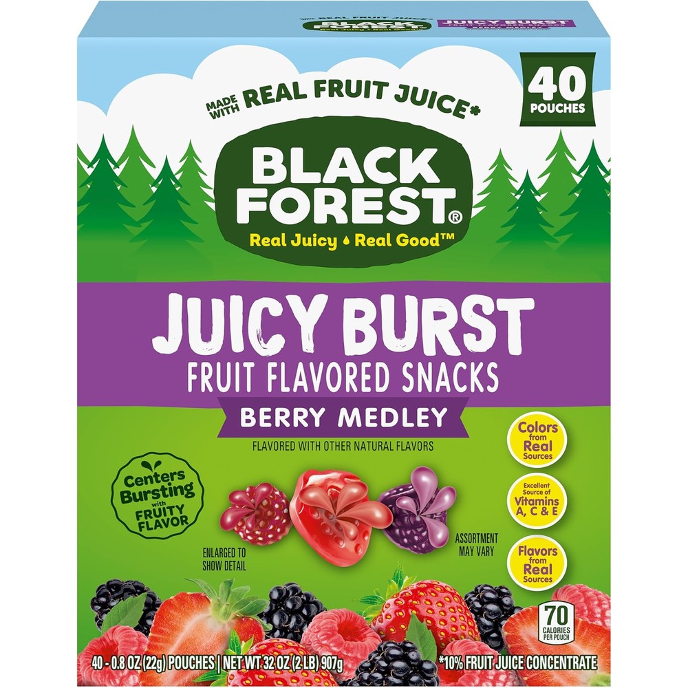 Black Forest Juicy Burst Fruit Snacks Berry Medley Liquid Filled Center Gluten Free Forty Count Box Thirty Two Ounce Pack