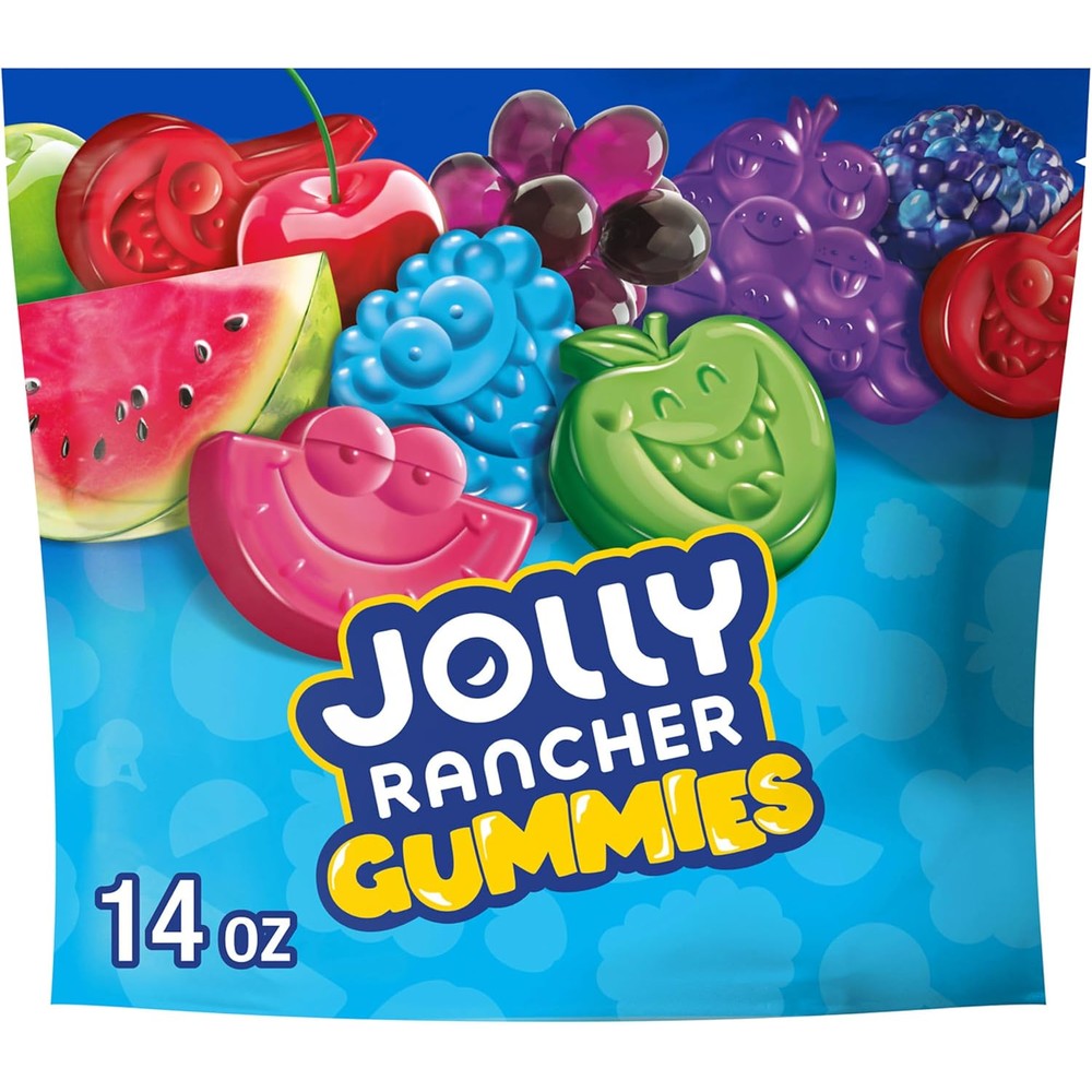 Jolly Rancher Gummies Assorted Fruit Flavored Candy Bag fourteen ounce front view showcasing imported American chewy sweets
