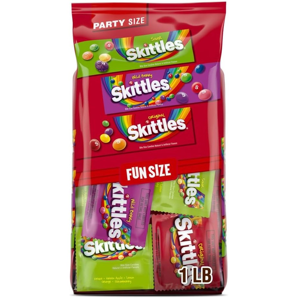 Wrigley's Skittles fun size variety pack bulk bag front view showing candy assortment flavors