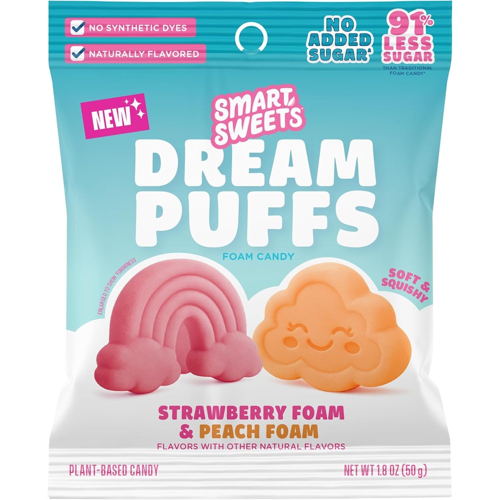 SmartSweets Dream Puffs front view of the 50g packaging showing low sugar foam candy.