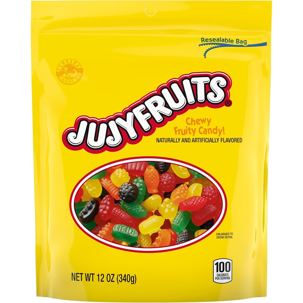 Ferrara Wonka Jujyfruits Assorted Gummy Candy twelve ounce front packaging view showcasing yellow resealable bag