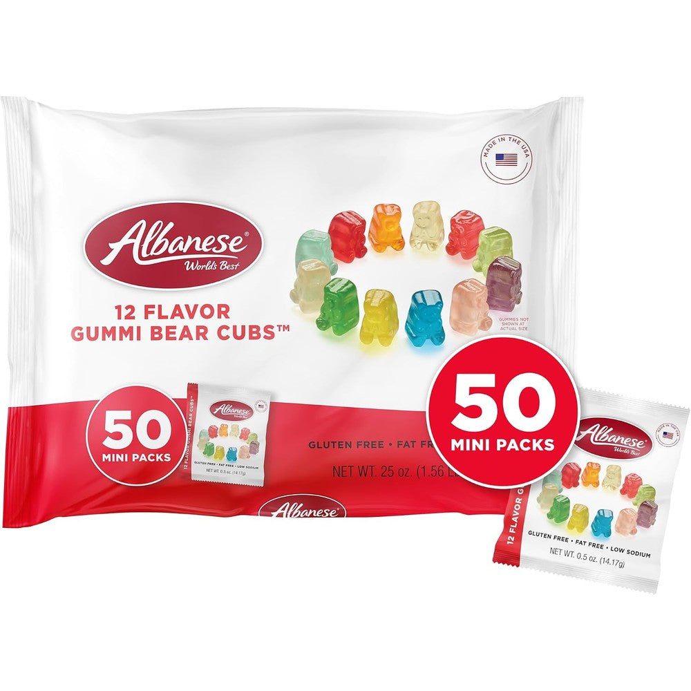 Albanese World's Best 12 Flavor Gummi Bear Cubs bulk packaging front view showcasing 50 individual snack packs.