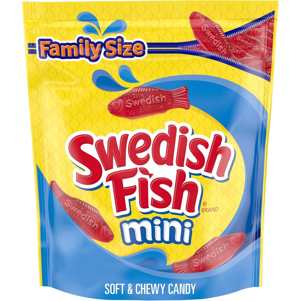 Swedish Fish Mini Soft And Chewy Candy family size bag front view showcasing imported gummy snacks.