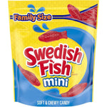 Swedish Fish Mini Soft And Chewy Candy family size bag front view showcasing imported gummy snacks.