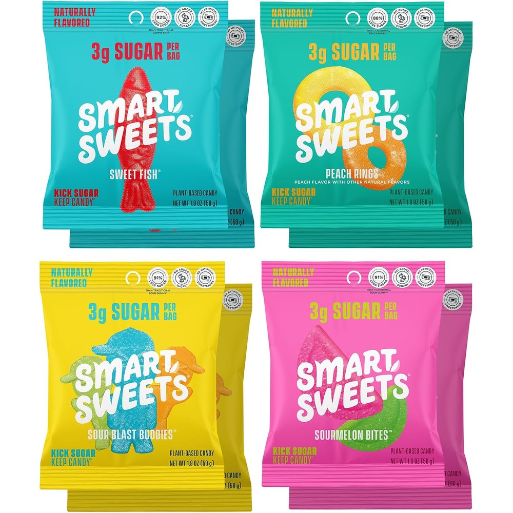 SmartSweets Variety Pack front view showing the 8 pack assortment box containing low sugar plant based gummies.