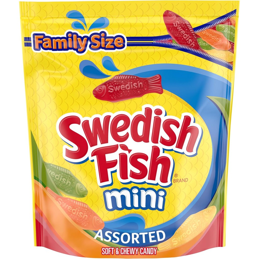 Swedish Fish Mini Assorted soft and chewy gummy candy front view family size bulk bag
