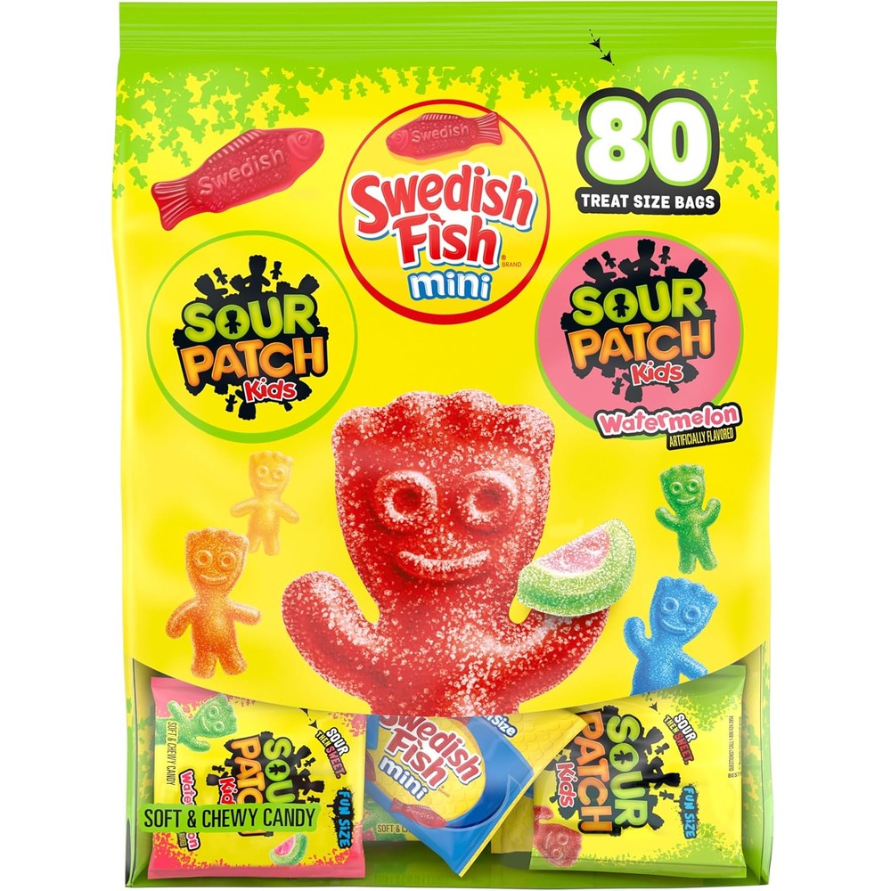 Sour Patch Kids and Swedish Fish variety pack front view showing eighty treat snack bags