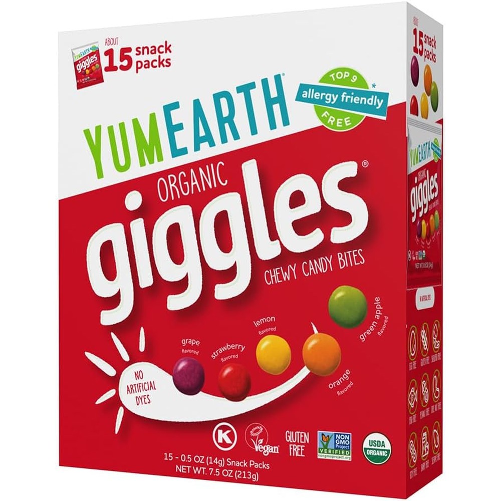 YumEarth Organic Giggles Chewy Candy box front view showcasing organic vegan certifications.