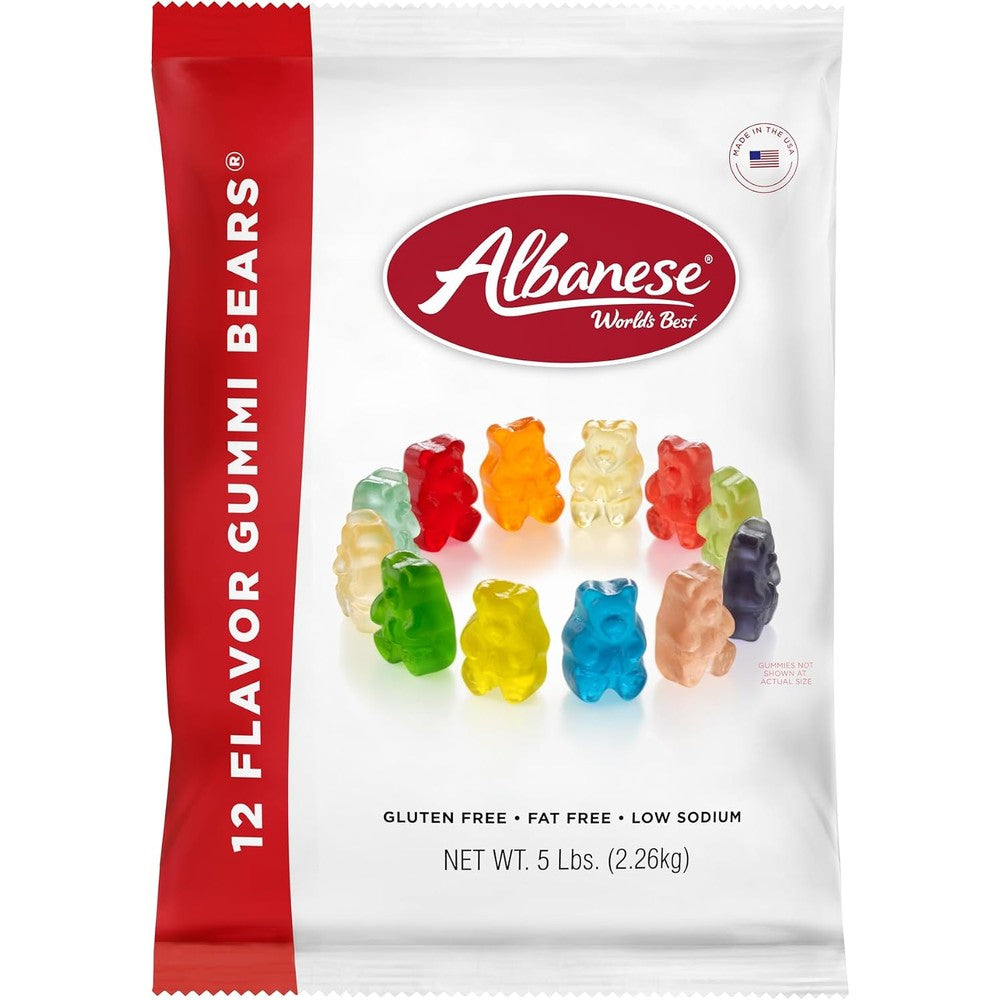Albanese World's Best 12 Flavor Gummi Bears Bulk Candy Bag Gluten Free Fat Free Soft And Chewy Fruit Gummy Bears Imported From USA 5 Pounds