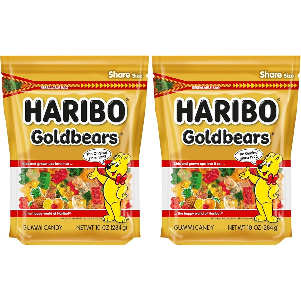 Haribo Goldbears Gummi Candy pack of two resealable bags front view showcasing original fruit flavors.