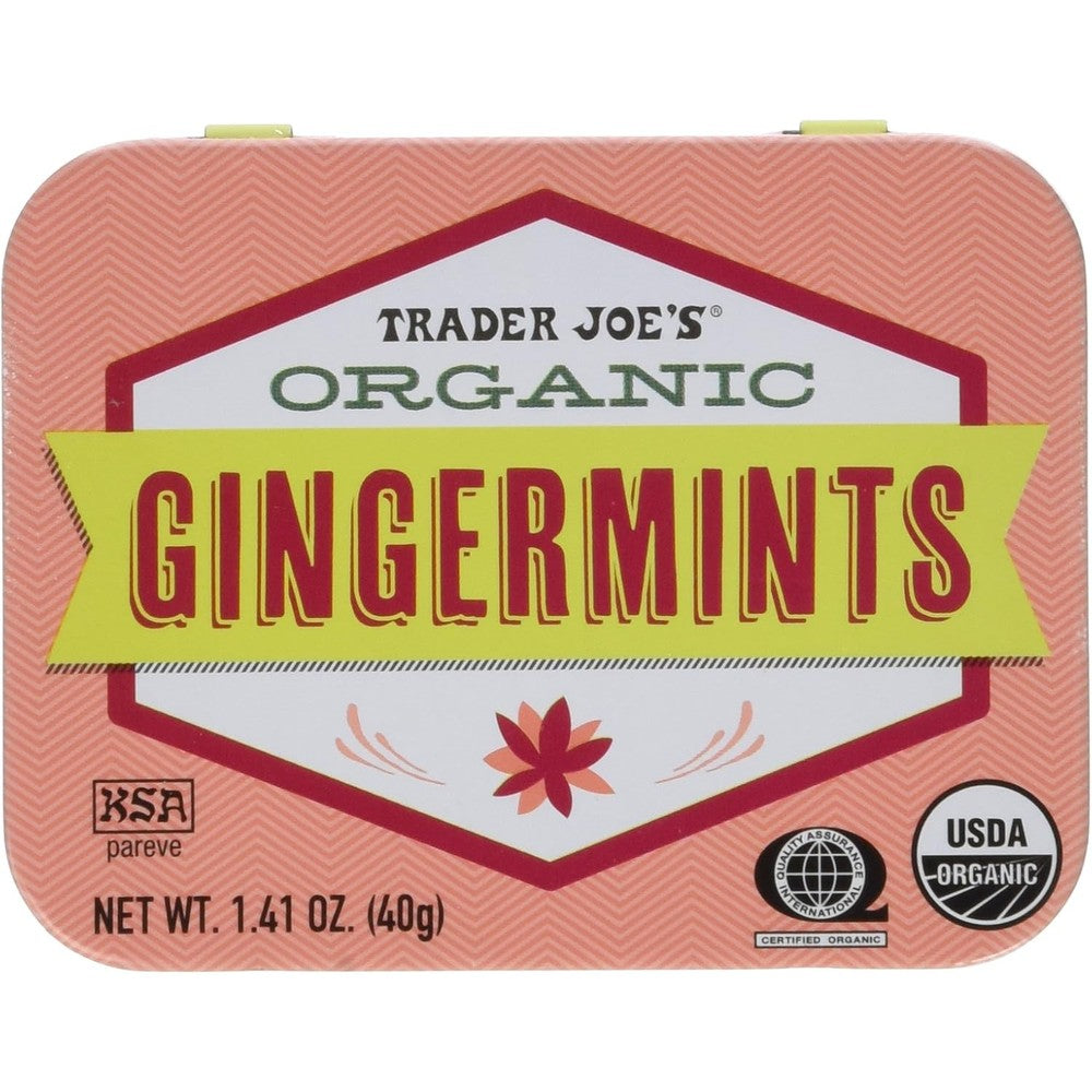 Trader Joe's Organic Gingermints Gluten Free and Vegan Ginger Candy Pastilles for Digestion and Fresh Breath, 1.41 Ounce Tin (Pack of 4)