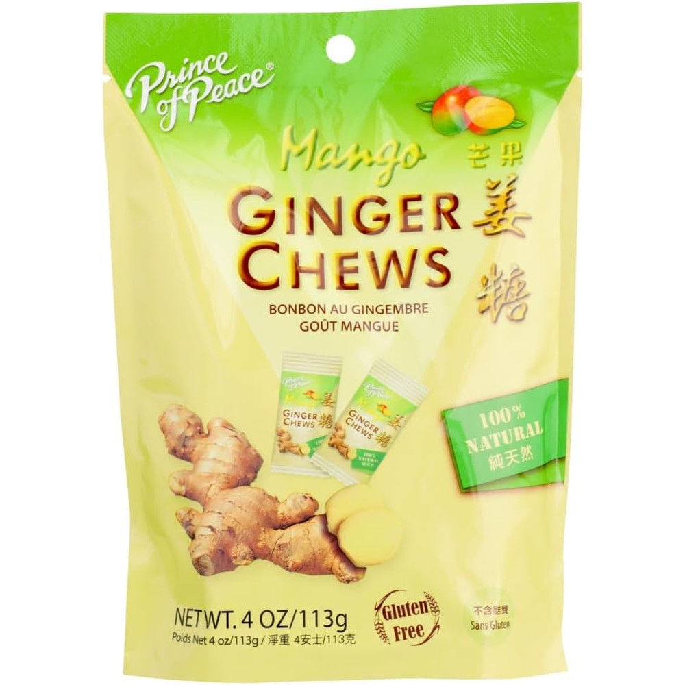Prince of Peace Mango Ginger Chews five pack front view showing packaging details.