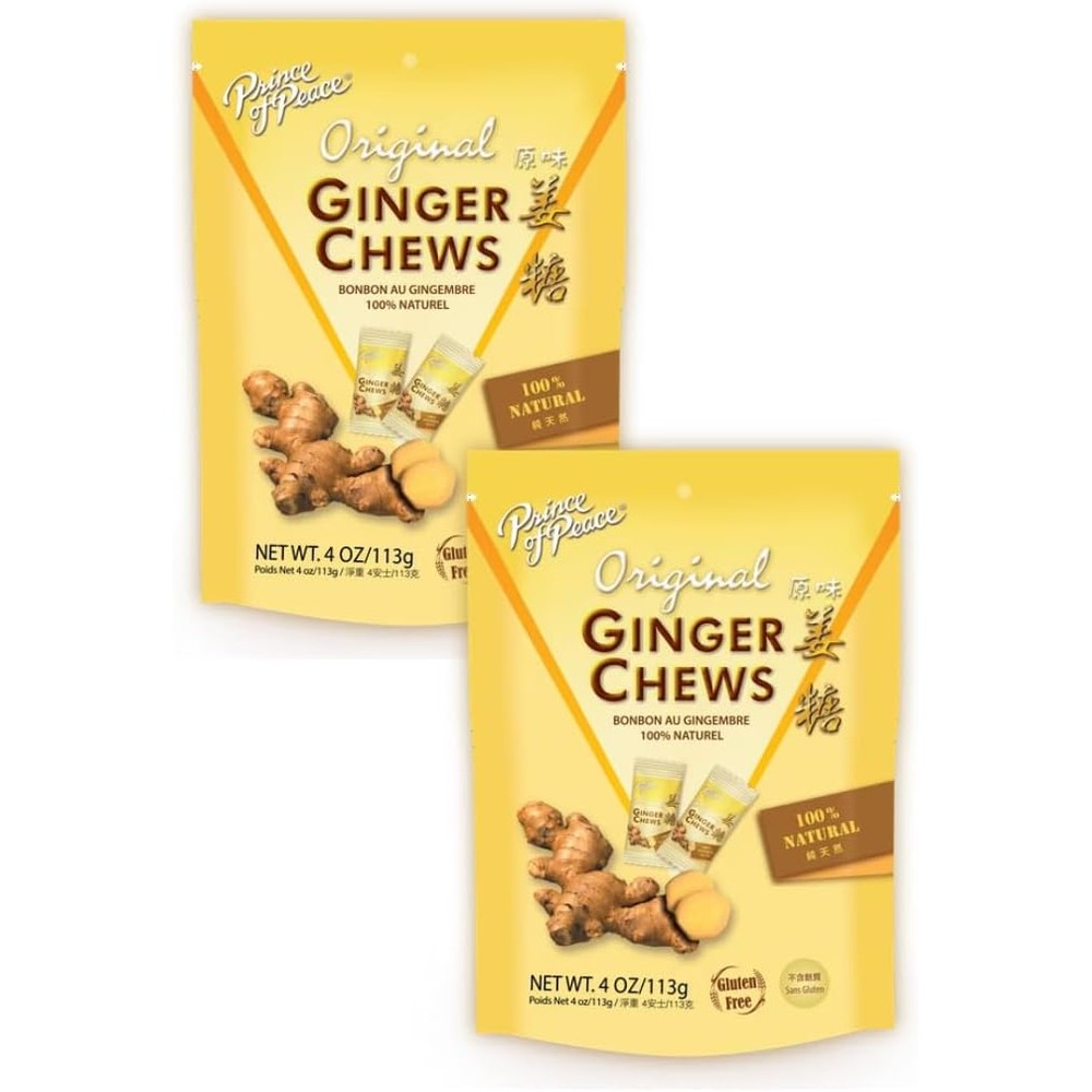 Prince of Peace Original Ginger Chews 4 Ounce bag front view for natural digestive support.