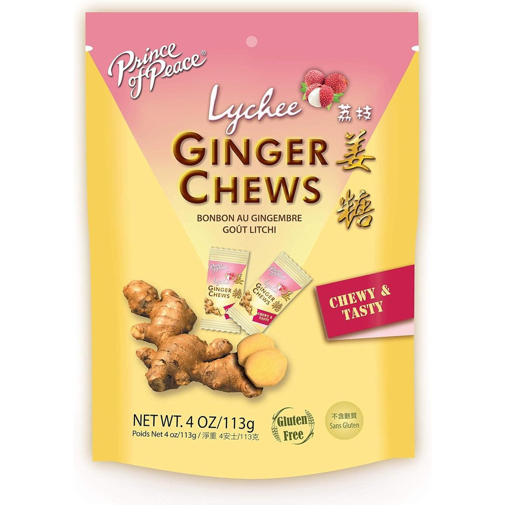Prince of Peace Lychee Ginger Chews 4 Ounce pack front view showcasing authentic USA packaging.