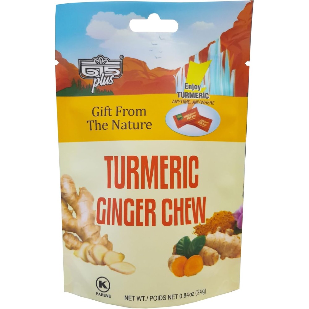 615 Plus Turmeric Ginger Candy Chewy Ginger Chew front view of the 0.84 Ounce pouch package.