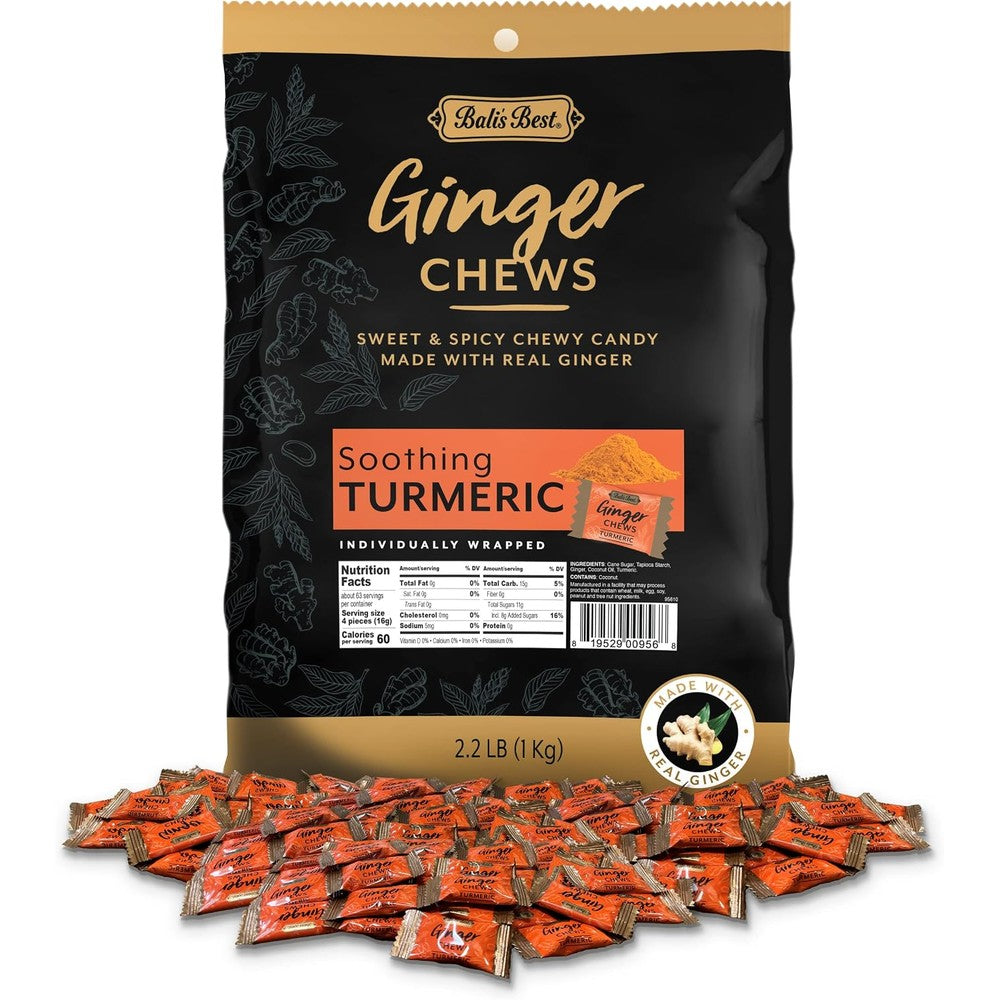 Bali's Best Ginger Chews Soothing Turmeric flavor bulk bag front view showing candy wrapper graphics.