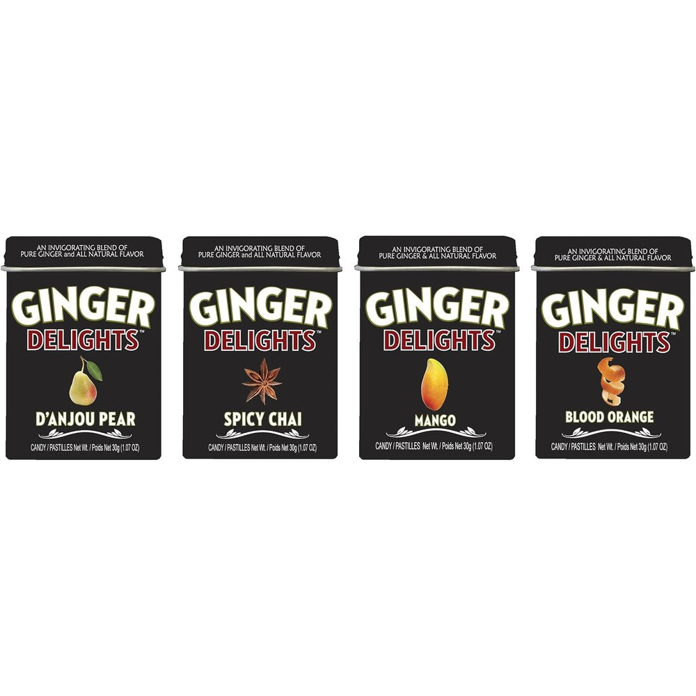 Ginger Delights Four Flavor Variety Pack front view of the imported candy tins.