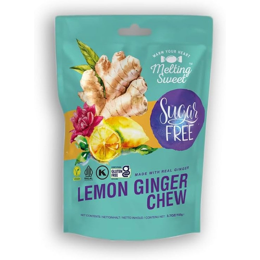 Melting Sweet sugar free lemon ginger chews front view premium imported healthy candy