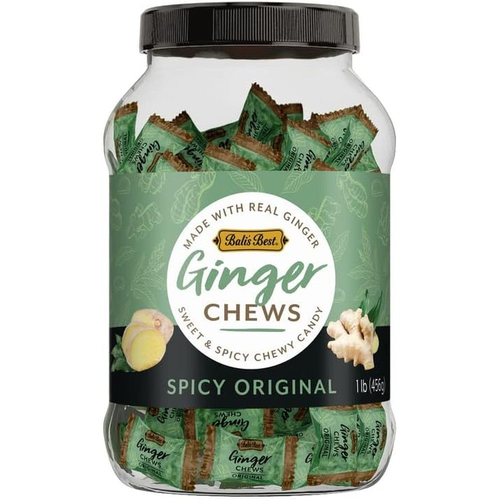 Bali's Best Ginger Chews Spicy Original Flavor one pound jar front view showcasing authentic packaging.