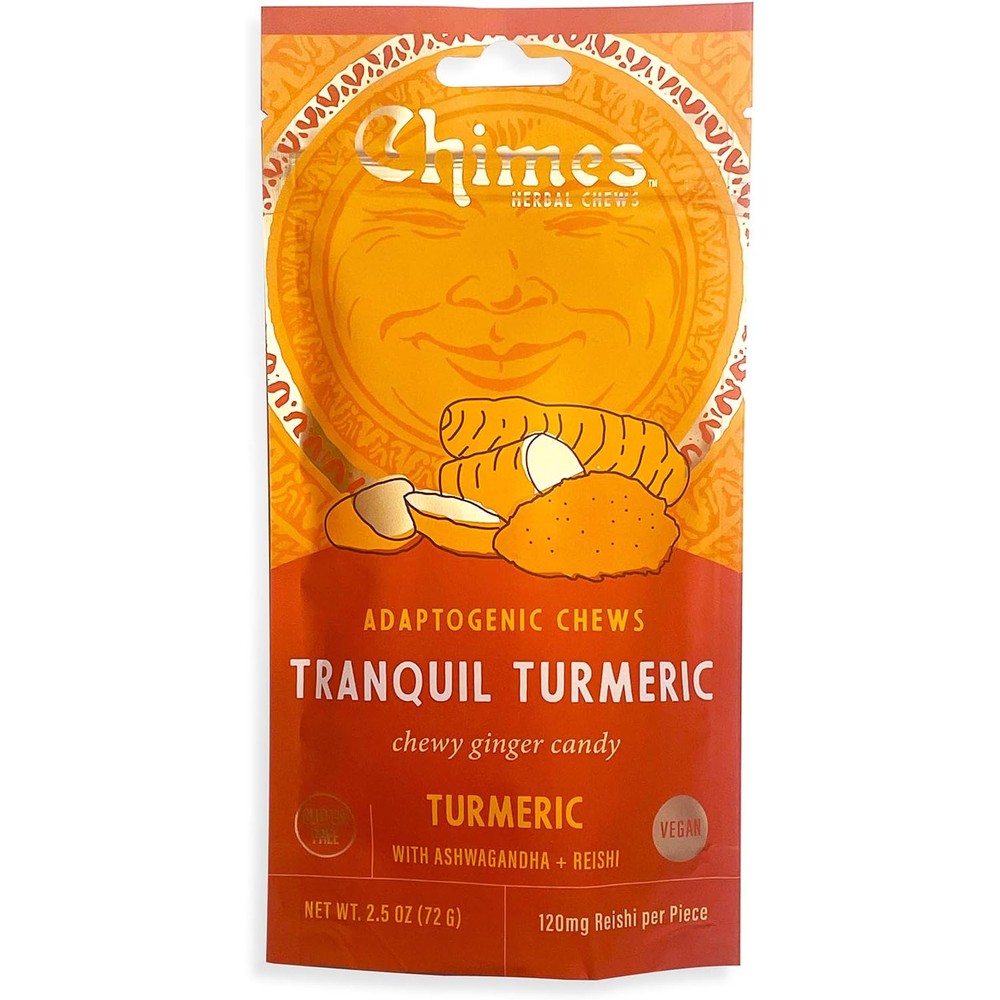 Chimes Tranquil Turmeric Adaptogen Ginger Chews Candy front packaging view for stress relief.