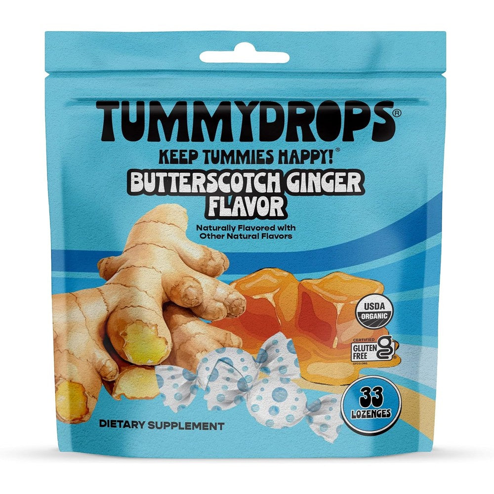 Tummydrops Butterscotch Ginger Lozenges front view of the 33 count resealable pouch for natural nausea relief.