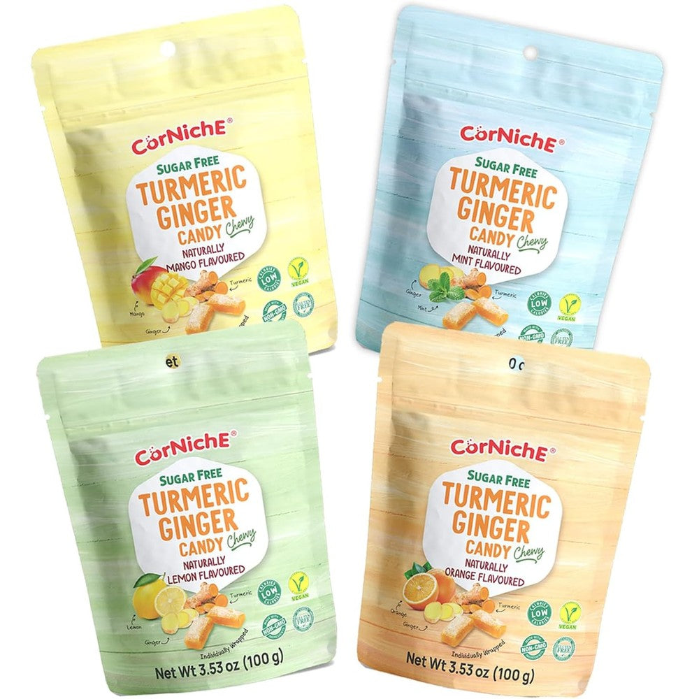 Corniche sugar free turmeric ginger candy front view showcasing the assorted flavor packaging.