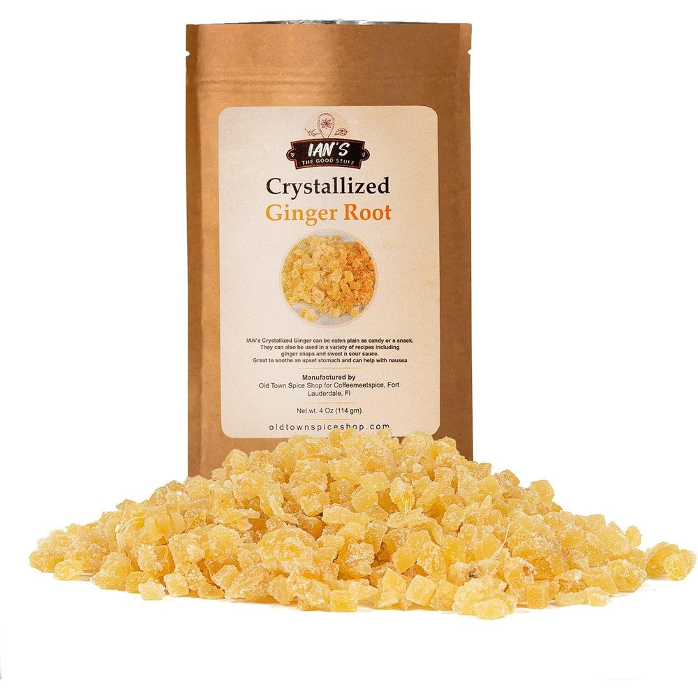 IAN's Crystallized Ginger Pieces front view of four ounce bag for baking and nausea relief.