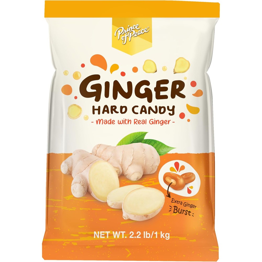Prince of Peace Ginger Hard Candy one kilogram bag front view showing imported authentic packaging.