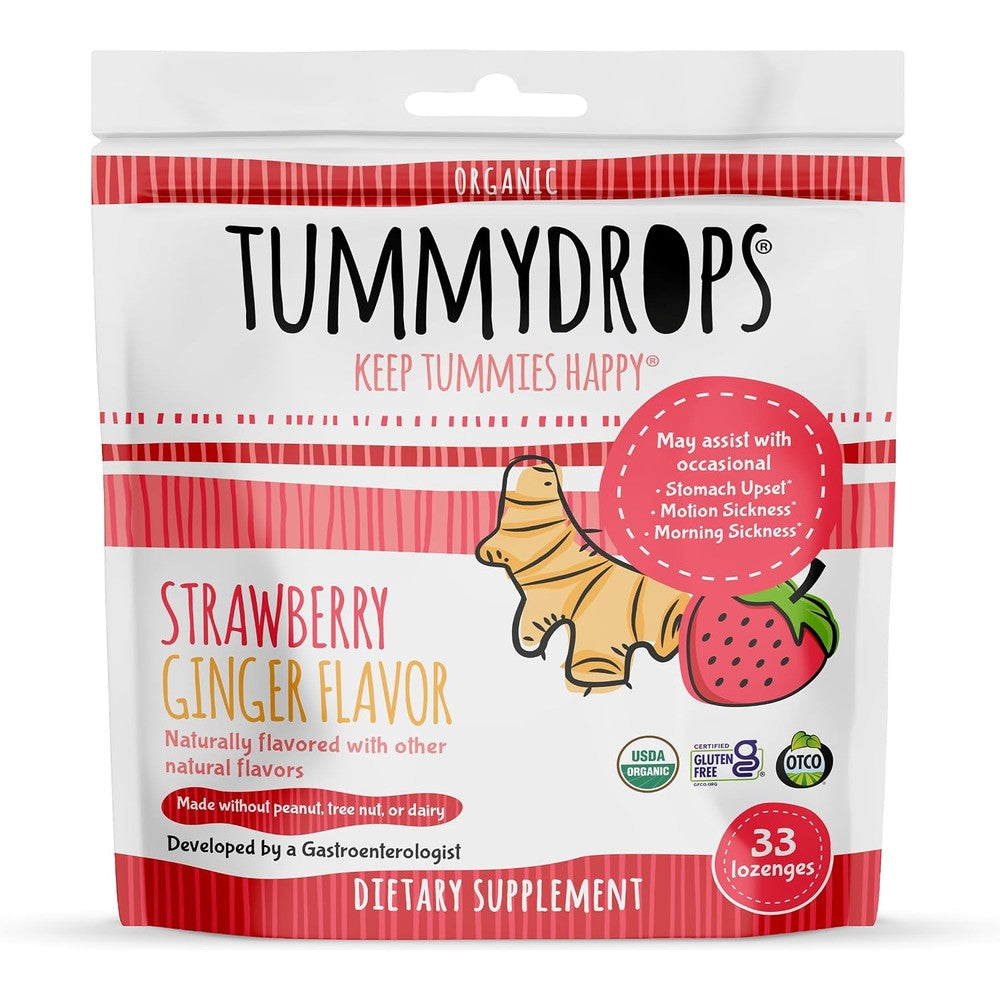Tummy Drops Strawberry Ginger Lozenges 33 count front view of the packaging for authentic nausea relief