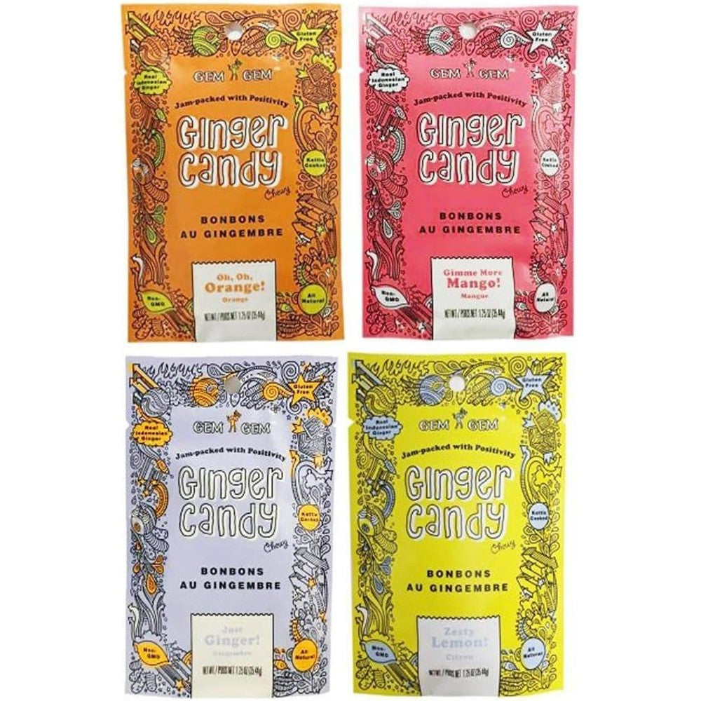 Gem Gem All Natural Chewy Ginger Candy Variety Bundle Pack Gluten Free Vegan Indonesian Ginger Chews 1.25 Ounce Pack Of 4