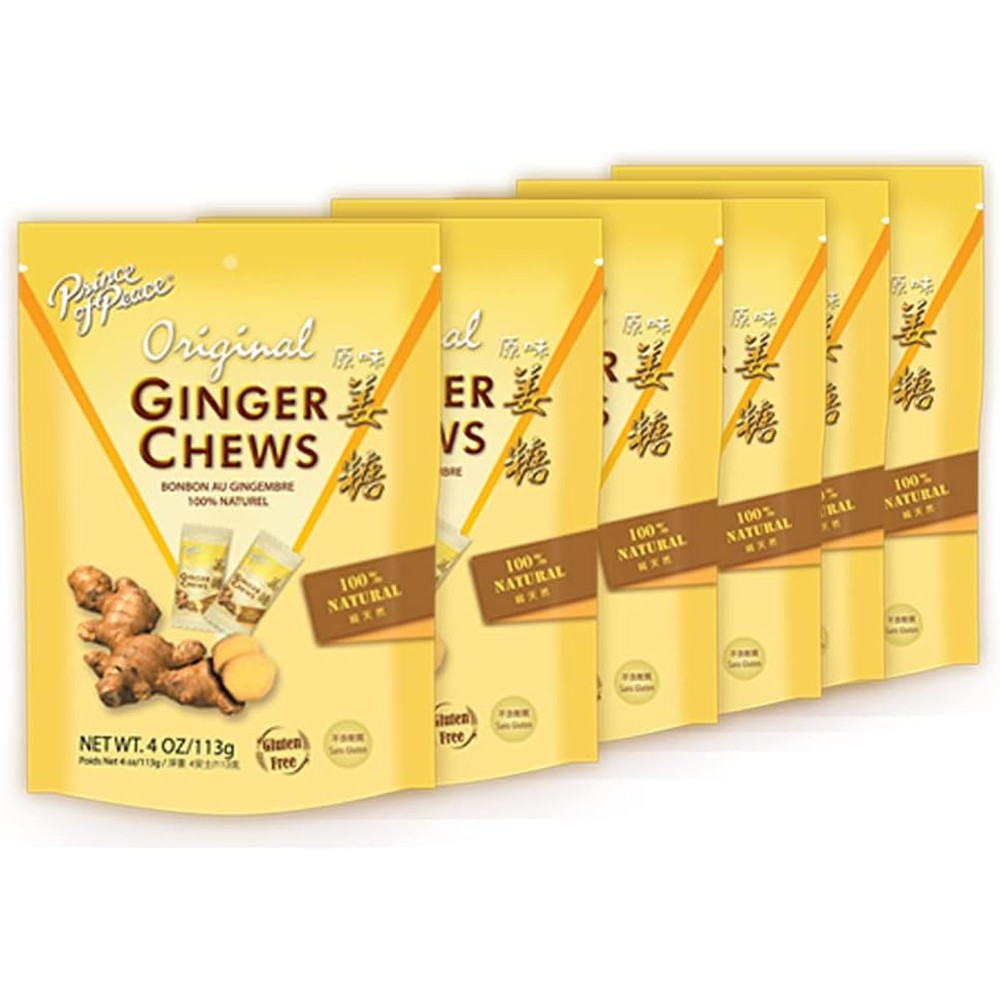 Prince of Peace Original Ginger Chews Candied Ginger Candy Pack Natural Gluten Free Chewy Sweets For Digestion Support Four Ounces Pack of Six