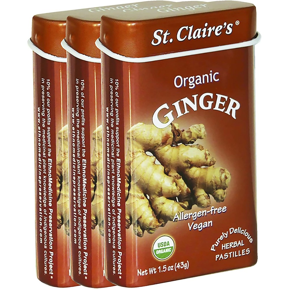 St. Claire's Organics Ginger Organic Herbal Pastilles For Stomach Soothing Vegan And Gluten Free 1.5 Ounce Tin Bundle Of 3