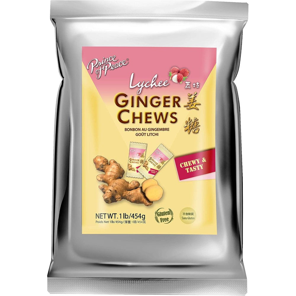 Prince of Peace Ginger Chews with Lychee 1 pound bag front view showing packaging details