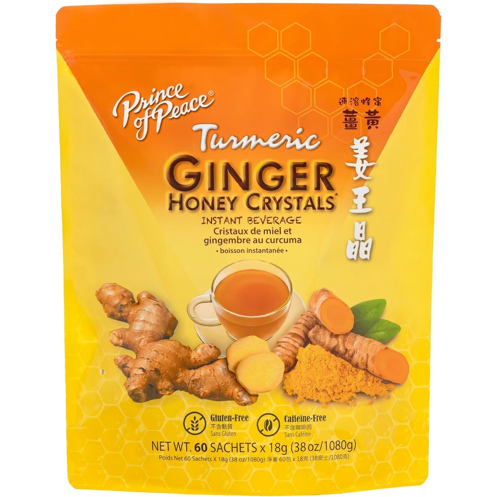 Prince of Peace Instant Ginger Honey Crystals with Turmeric front view package showing 60 sachets for wellness beverage preparation.