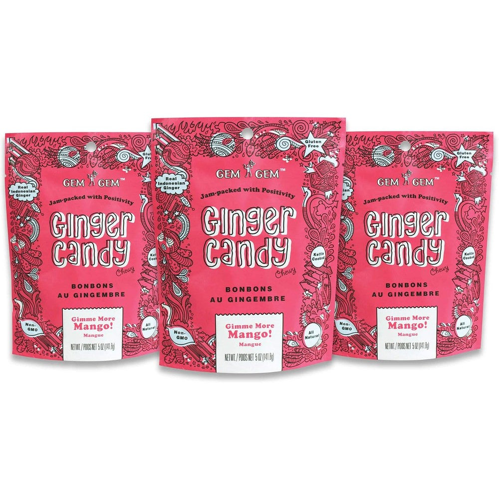 Gem Gem Ginger Candy Chewy Ginger Chews Mango 5 Ounce Pack of 3 front view showing packaging.
