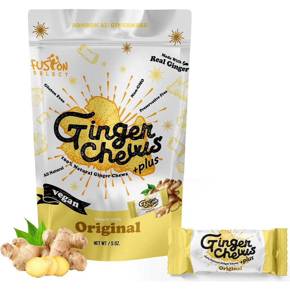 Fusion Select Original Ginger Chews 5 Ounce pack front view showcasing authentic Indonesian ginger candy.