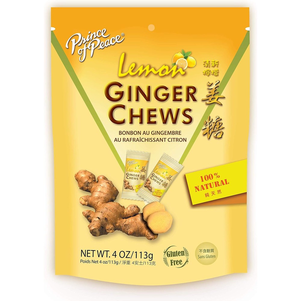 Prince of Peace Lemon Ginger Chews four ounce front packaging view for natural nausea relief