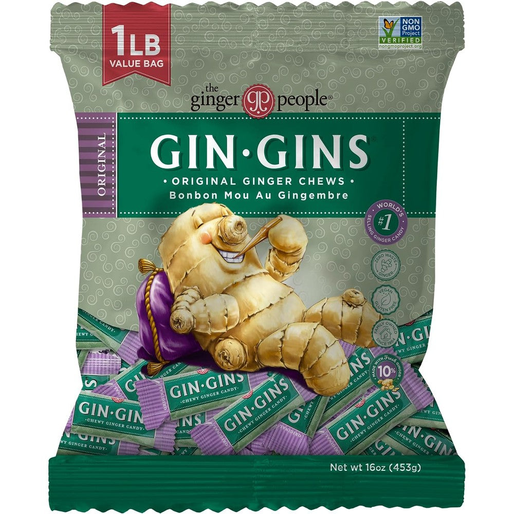 The Ginger People GIN GINS Original Ginger Chews Natural Fresh Ginger Candy For Nausea And Digestion Original Flavor One Pound Bag