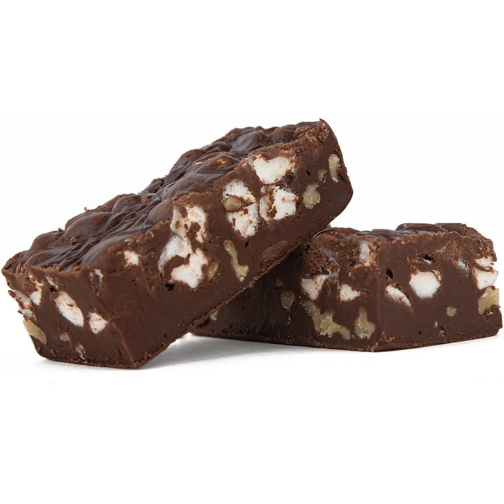 Uncle Butch's Fudge Creamy and Smooth Rocky Road front packaging view showing authentic USA imported gourmet dessert.