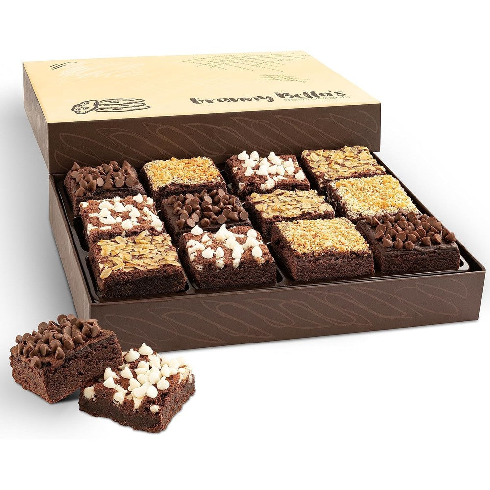 Granny Bella's Fresh Delights assorted chocolate fudge brownie gift basket front view display box