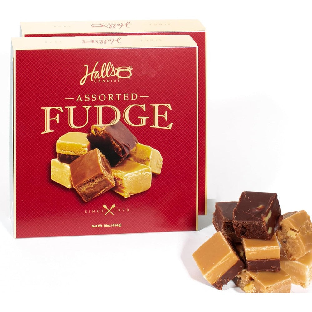 Halls Candies Fundraising Custom Gourmet Fudge Sampler Box front view showcasing authentic American confectionery texture.