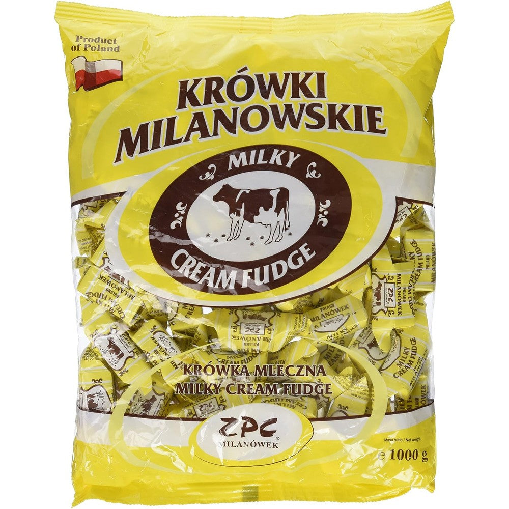 Krowki Milanowskie Milky Cream Fudge 1 Kilogram bag front view showing premium imported Polish candy.