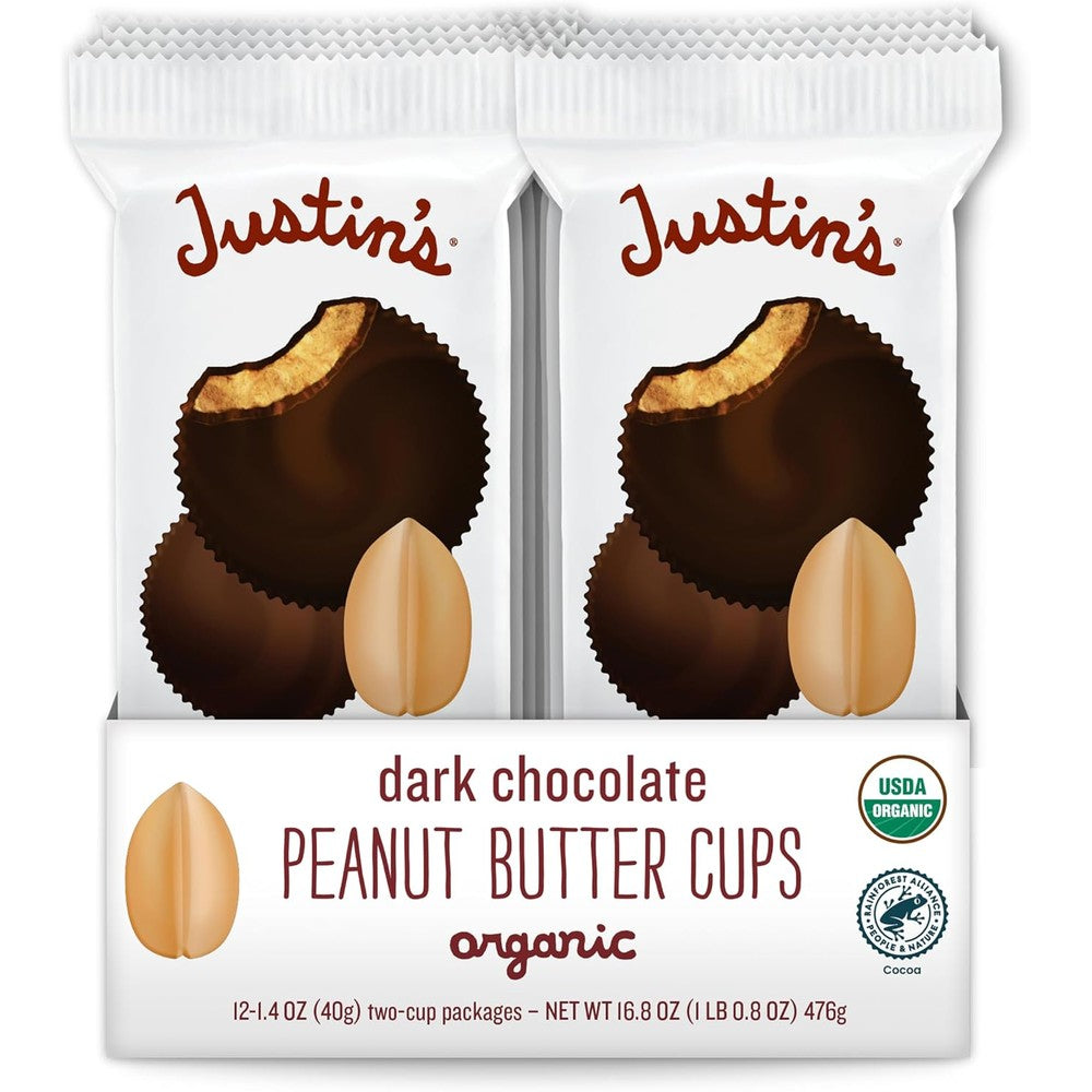Justin's Organic Dark Chocolate Peanut Butter Cups Gluten Free Premium Nut Butter Snack Twelve Pack Containing Two Cups Per Pack Fourteen Ounce Case